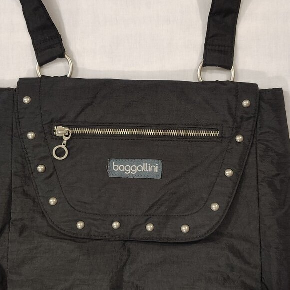 BAGGALLINI Studded Shoulder Tote Handbag Black Nylon Purse Light Weight Pockets - Picture 3 of 16